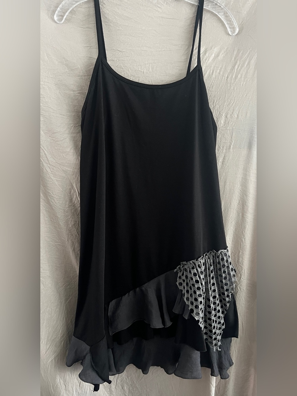 Pretty Angel Black Asymmetrical Slip Dress with Polka Dot Ruffle